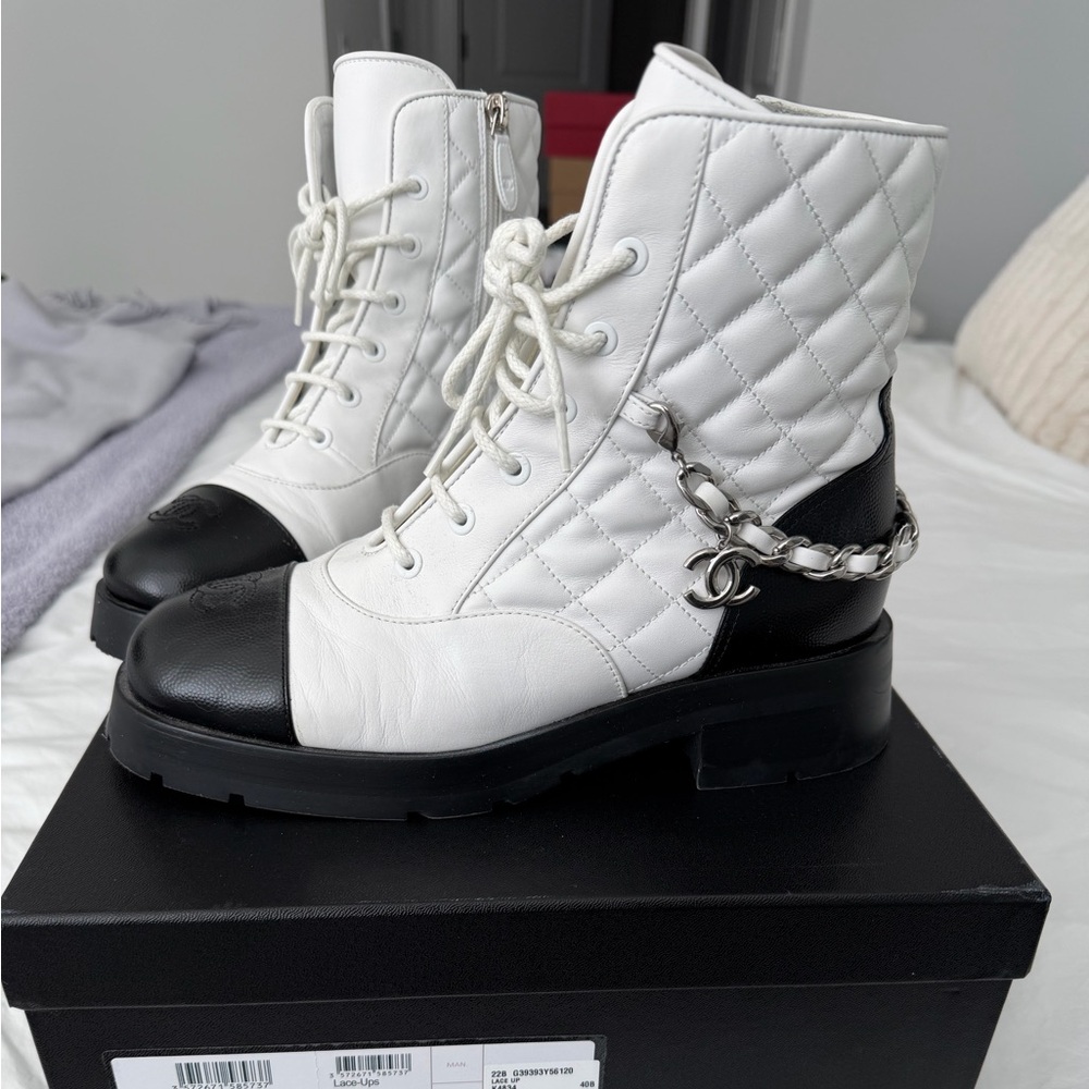 CHANEL Quilted White and Black Boots
